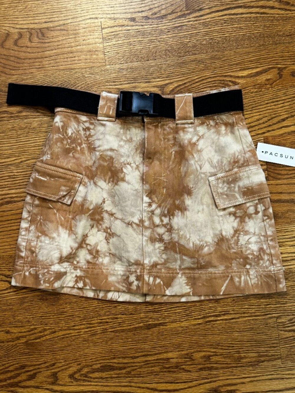 Women's PacSun CIDER Brown Cream Tie Dye Cargo Mini Skirt Belt Y2K Utility